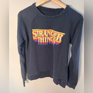 Stranger Things Dark Blue Crewneck Sweater | Vintage-Style Colorful Logo Sz Sm